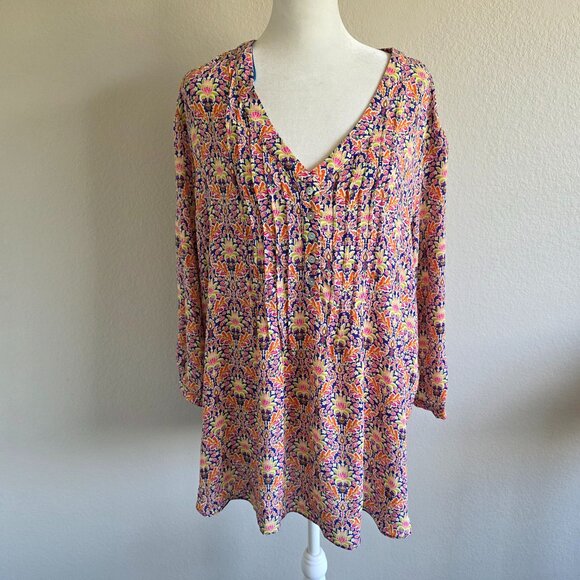 Rose + Olive Blouse Top Plus Size 1X Lightweight Bright Colorful Popover Artsy - Picture 1 of 7